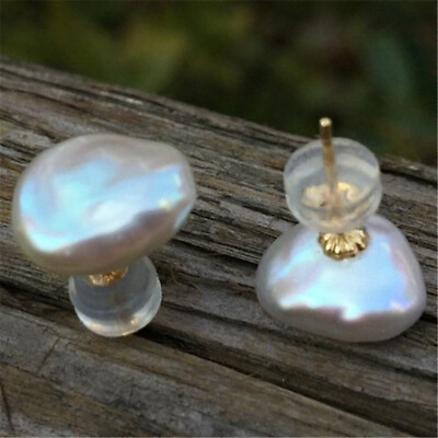 #ad White Baroque Pearl Earrings 18k ear stud Silver Party Teens Unisex Beaded $13.40