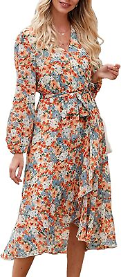 #ad PRETTYGARDEN Women#x27;s Floral Print Boho Dress Long Sleeve Wrap V Neck Ruffle Belt $123.65