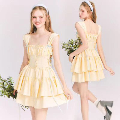 #ad Cute Girls Yellow Bow A Line Dress Ruffles Princess Sweet Short Dress Japanese $30.44