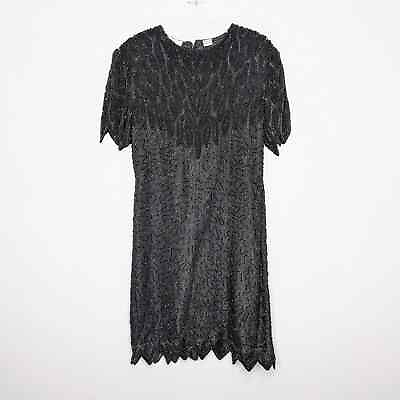 #ad Laurence Kazar Vintage Black Beaded Sequin Party Dress Short Sleeve Silk Size L $75.00