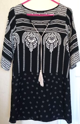 #ad Womens Boho Dress Size S Black amp; White Print Half Sleeve Shift Tassel Ties $11.25