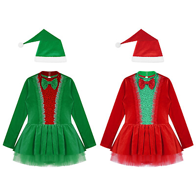 #ad Girls Christmas Party Dress Long Sleeve Costume Fancy Xmas New Year Hat Velvet $18.11