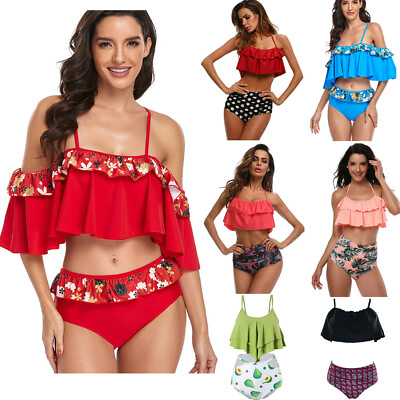 #ad Women Two Piece Swimsuits Ruffle Flounce Top High Waisted Bottoms Bathing Suits $12.99
