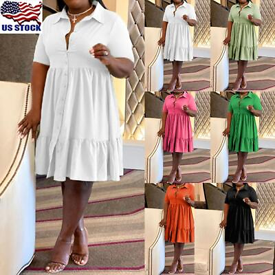 Summer Plus Size Womens Button V Neck Midi Dress Ladies Short Sleeve Shirt Dress $25.19