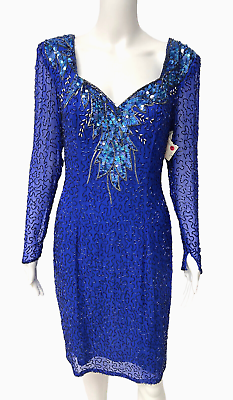 Vintage evening cocktail women#x27;s beaded dress royal blue long sleeve size 6 $33.81