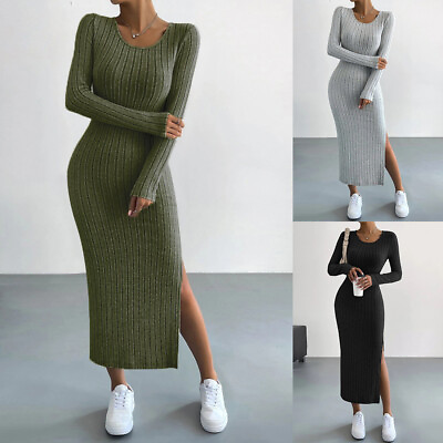 #ad Womens Ribbed Plain Bodycon Midi Dress Split Knit Long Sleeve Causal Party Maxi $28.29