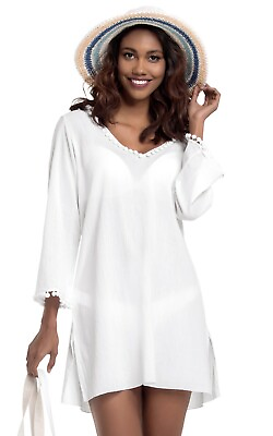 Women#x27;s Long Sleeve 100% Cotton Hooded Beach Cover Up White Size M NWT $23.99