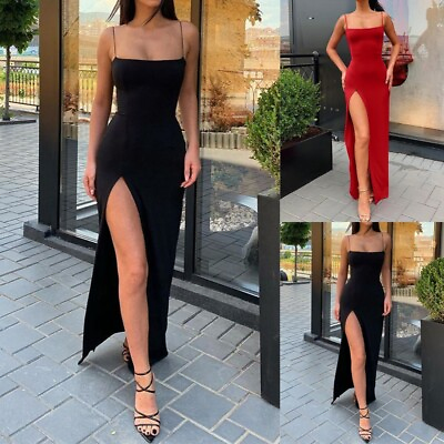 #ad Womens Plain Bodycon Maxi Dress Ladies Cocktail Evening Party Split Gown Size US $19.09