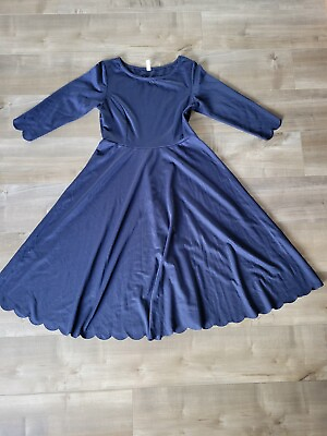 #ad Pink Blush Maternity Small Navy Blue Dress Half Sleeve Full Skirt Scalloped $9.99