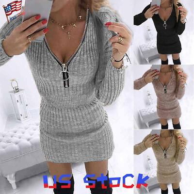 #ad Sexy Womens Zipper V Neck Bodycon Knitted Mini Dress Long Sleeve Party Dresses $24.29