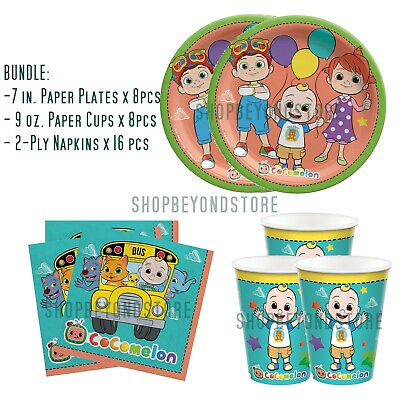 Licensed Cocomelon Themed Party Express Pack plates napkins cup for a party of 8 $15.95