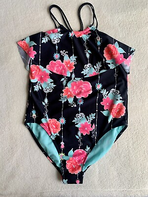 #ad Girls Swimsuit One Piece Black Pink Ruffle 12 14 Used Pool Beach $7.00