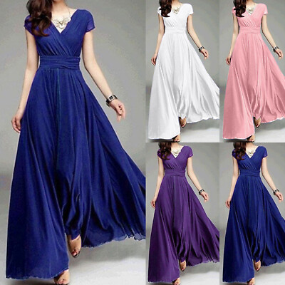 Womens Chiffon Long Formal Prom Evening Dress Party V Neck Short Sleeve Cocktail $18.74