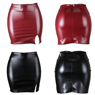 Womens Wet Look PU Leather Pencil Skirts Bodycon High Waist Side Slit Mini Skirt $8.54