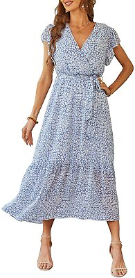 PRETTYGARDEN Women#x27;s Floral Summer Dress Wrap V Neck Short Sleeve Belted Ruffle $111.98