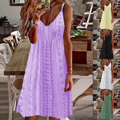 #ad #ad Womens Summer Strappy V Neck Cami Dress Hollow Out Holiday Beach Boho Sundress $19.39