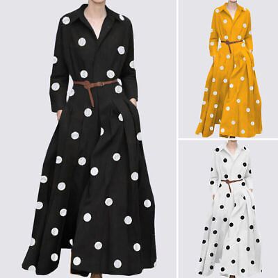 #ad Womens Evening Casual Long Sleeve Dress Polka Dot Maxi Dress Plus Size $25.99