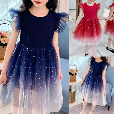 #ad Kid Girls Knee Length Round Neck Short Sleeve Flying Sleeve Dress Party Gowns US $17.79