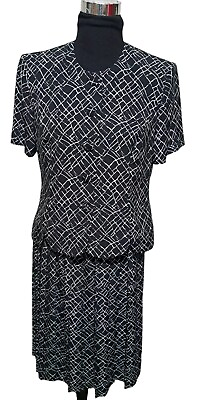 #ad Leslie Fay 2 PC Jacket Skirt Suit Black White Geometric Print 8P Short Sleeve $19.95