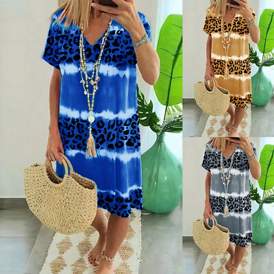 Women#x27;s Summer Holiday Dress Ladies Boho Beach Loose Tie Dye Sun Dress Plus Size $14.94