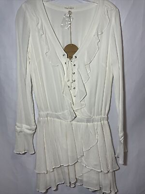 #ad #ad Honey Punch Mini Dress Cream Lined Long Sleeves Tie Front Flowing Boho Sz L $32.99