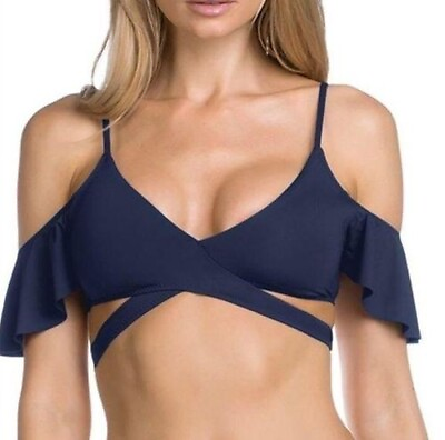 #ad Becca Off the Shoulder Sleeves Cross Design Blue Swimsuit Bikini Top Sz M NEW $38.00