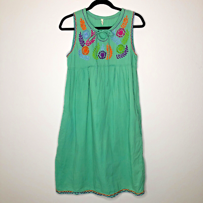 #ad Womens Boho Embroidered Cotton Green Dress with Pockets $24.98