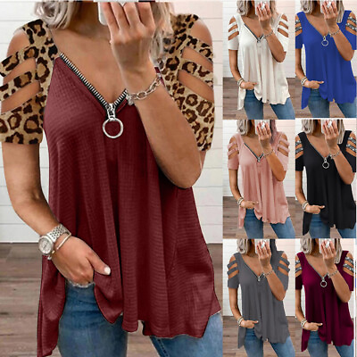 Womens Casual Cold Shoulder T Shirt Short Sleeve Zipper V Neck Blouse Loose Tops $20.29