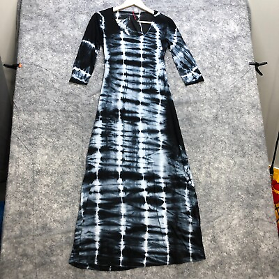 Element Dress Womens XS Black Blue Tie Dye Lace Open Back Maxi 3 4 Sleeve Sheer $15.99