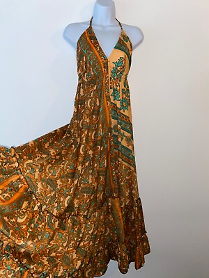 #ad #ad Long Boho Dress Maxi Vintage Hippie Indian Drawstring Paisley Orange One Size GBP 21.24