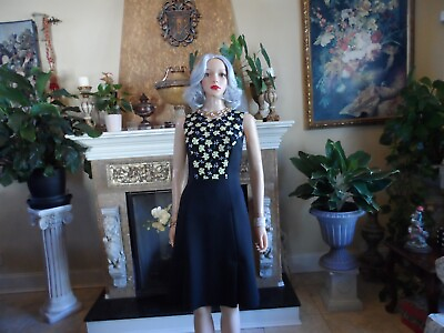 #ad Carolina Herrera Black Neoprene A Line Dress w Yellow Floral Detail Size 6 $175.00