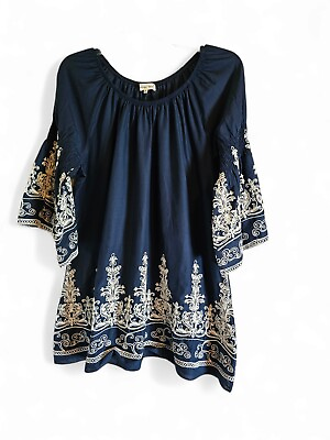 #ad Indigo Soul Tunic Top M Embroidered Bell Sleeve Peasant Boho Long Scoop Neck $19.99