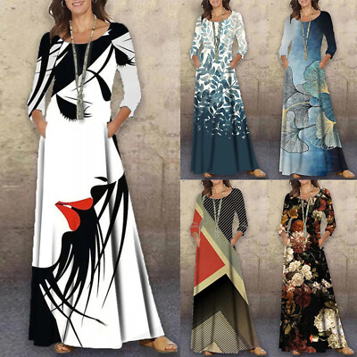 Women Boho Floral Long Maxi Dress Lady Cami Holiday Beach Sundress Long Sleeve $17.94