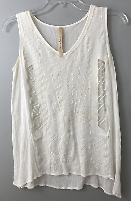 #ad Mystree Anthropologie Boho Women Sleeveless Embroidery Sheer Blouse Top Ivory S $13.67