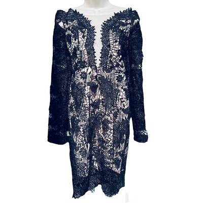 SOIEBLU Lace Knee Length Party Cocktail Dress Long Sleeve Black Nude Plunge Neck $48.00