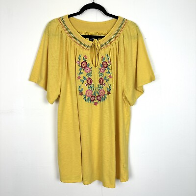 Lane Bryant Short Raglan Sleeve Keyhole Embroidered Yellow Plus Size 18 20 $17.99