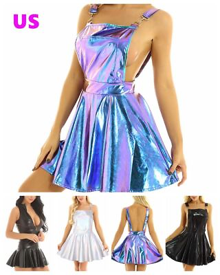 US Women PU Leather Flare Dress with G string Cocktail Evening Party Dress Skirt $18.19