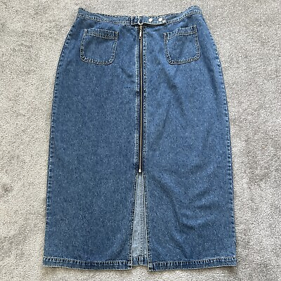 #ad Vtg 90s Y2K L.A. Blues Denim Maxi Skirt Size 22 Front Slit Zipper Medium Wash $24.99