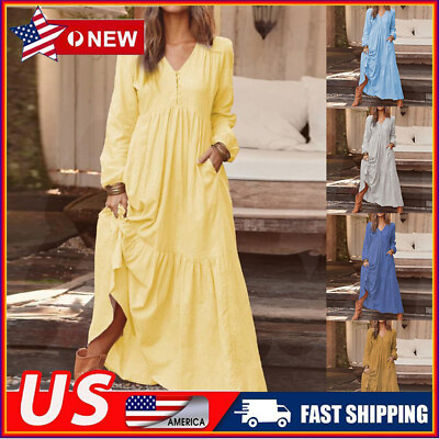 #ad Women Lady Boho Long Sleeve Long Maxi Summer Beach Dress Sundress Ruffle Hem ❶ Ṅ $19.76