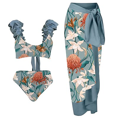 #ad Women#x27;s Swimsuit With Beach Cover Up Wrap Skirt Sarong Retro Floral Print $32.26