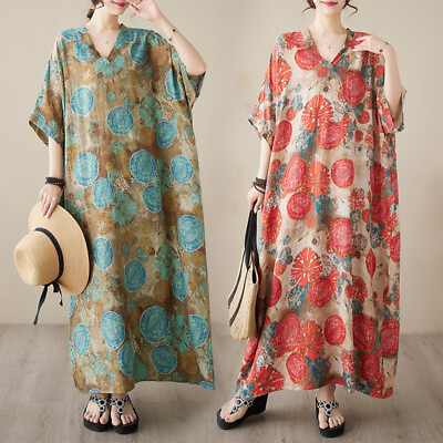 #ad Cotton Linen Retro Womens Ethnic Floral Printed V neck Loose Robe Maxi Dresses $42.72