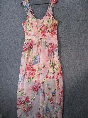 Guess Dress Womens Size 12 Pink Hi Lo Long Zip V Neck Waterfall Floral Ruffle $29.94
