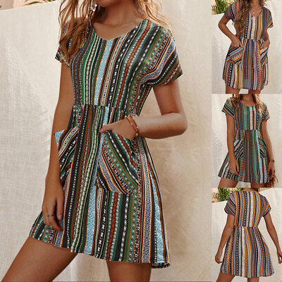 #ad Women#x27;s Retro Print Summer Mini Dress V Neck Casual Loose Holiday Beach Dresses $21.59