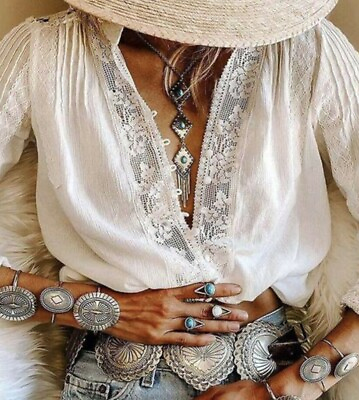 L New White Lace Folk Gypsy Boho Blouse Cottagecore Top Womens Size LARGE $64.50