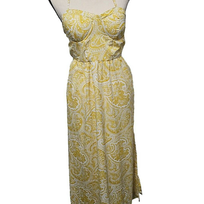 #ad Band of The Free Boho Dress Medium Halter Back Cut Out Yellow And Ivory Print $24.00