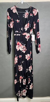 #ad Cotton Candy LA Black Floral Wrap Maxi Dress Long Sleeve Ruffled S $24.43