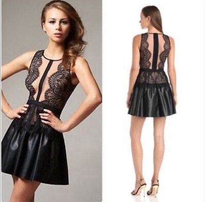 #ad BCBG MaxAzria Layton Black Lace Faux Leather Cocktail Dress Size 6 $64.99