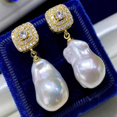 #ad 13 17MM white natural Baroque pearl earrings 18K zircon Custom Party Teens $89.91