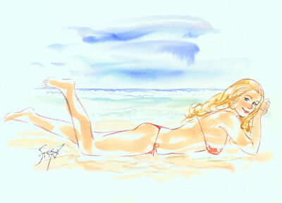 #ad Playboy Artist Doug Sneyd Signed Original Art Sketch Blond in Bikini on Beach $229.99