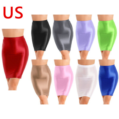 #ad US Womens Oil Glossy High Waist Pencil Skirt Stretchy Casual Solid Color Bodycon $8.11